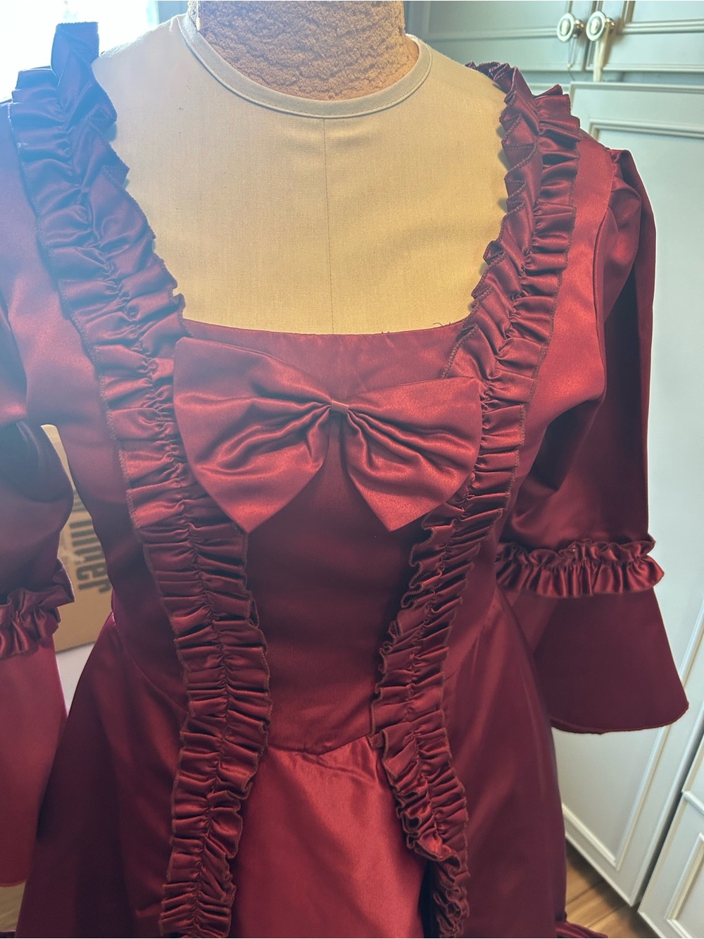 Vintage Inspired Victorian Burgundy Ruffle Gown with Bows Size Sm - Picture 3 of 4